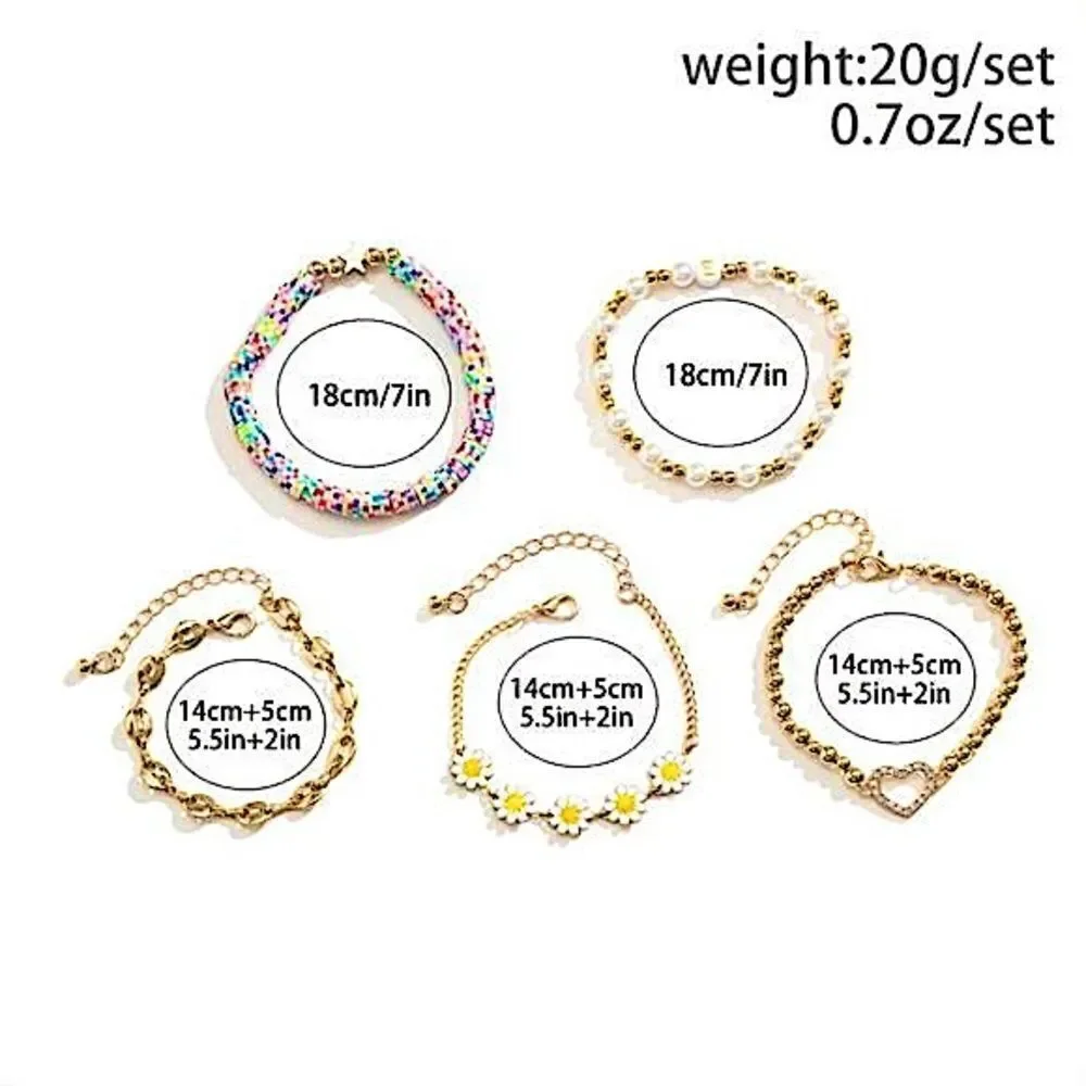 Summer Vibes Boho Daisy & Pearl Gold Tone 5 Piece Bracelet Stack Heart Charm Set